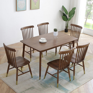 Nordic Solid Wood Dining Table And Chair <b>Set</b> 6 Piece Walnut Color Framework Structure Dining Room <b>Set</b> - Product Image 4
