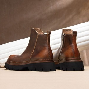 Botas de cuero genuino de alta gama, elegantes botas de trabajo con punta redonda, botas cortas casuales con cremalleras, zapatos para hombre - Product Image 2