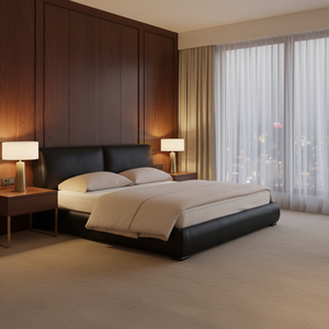 เตียงหนังสีดำทั้งหมด ดีไซน์เรียบง่ายทันสมัย ขนาดคิงไซส์และควีนไซส์ เตียงหนังคู่นุ่มสบายสำหรับเฟอร์นิเจอร์ห้องนอน - Product Image 4