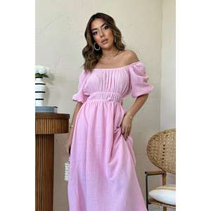 Robe en mousseline de lin rose élégante à col plissé, longueur genou, tailles XS-XXL, design personnalisé, pour le printemps, offre ODM en gros - Product Image 3