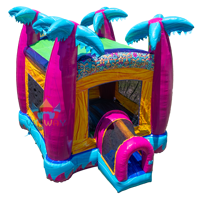 Château gonflable tropical accrocheur pour usage commercial, décoration de palmier, aire de jeux pour carnaval d'été et location de fête