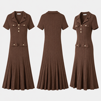 Robe midi en maille fine marron pour femme, col polo, manches courtes, vente en gros