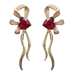 Orecchini Romantici a Forma di Cuore Rosso con Fiocco per Donne, Graziosi Orecchini Pendenti Scintillanti, Gioielli alla Moda per Uso Quotidiano e Feste - Product Image 4