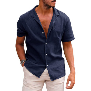 Camicia estiva Casual da <span class=keywords><strong>uomo</strong></span> in cotone e <span class=keywords><strong>lino</strong></span> a maniche corte con bottone singolo Anti-Pilling <span class=keywords><strong>abbigliamento</strong></span> di colore puro per Amazon EBay - Product Image 4
