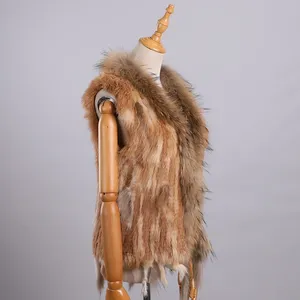 Women's Casual Knitted Vest Raccoon Fur Trim Collar <strong>Gilet</strong> <strong>Lady</strong> Fashion Waistcoat V-neck Outerwear Autumn Winter - Product Image 4