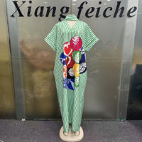 Nouvelle Robe Femme Décontractée d'Été Style Africain Ethnique Boubou Ample à Rayures Col en V Grande Taille pour Vacances