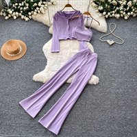 Ensemble décontracté 3 pièces pour femme : Cardigan court à capuche et manches longues, débardeur licou à nouer, pantalon évasé taille haute – Tenue Printemps-Été