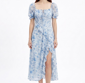 Abito <span class=keywords><strong>Midi</strong></span> Estivo da Donna in Chiffon <span class=keywords><strong>con</strong></span> Stampa Floreale, Scollo Quadrato, Maniche a Sbuffo, Volant e <span class=keywords><strong>Spacco</strong></span>, <span class=keywords><strong>Vestito</strong></span> Fluido a Trapezio per Tea Party e Appuntamenti - Product Image 6