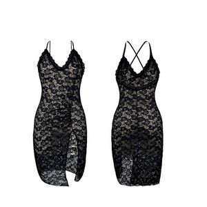 Robe nuisette sexy en dentelle à dos croisé, décolleté plongeant en V, fente, ornée de perles, coupe ajustée, couleur unie, respirante, mini, pour l'été et la maison - Product Image 5