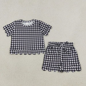 เสื้อผ้าฤดูร้อนสำหรับเด็กผู้หญิง เสื้อเชิ้ตลายสก๊อตแขนสั้น กางเกงขาสั้นขอบหยัก - Product Image 5