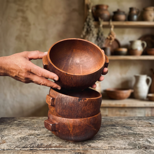 Bol de service en bois artisanal avec poignées latérales pour soupe, salade, collations, fruits secs, cuisine, salle à manger et service de table - Product Image 6