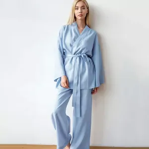 Autunno <span class=keywords><strong>donna</strong></span> pigiama a maniche lunghe alla moda Casual abito di lino di cotone con modello solido vendita caldo vestiti per la <span class=keywords><strong>casa</strong></span> - Product Image 1