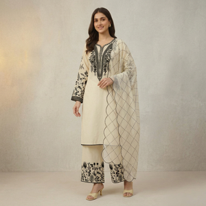Robe traditionnelle indienne pakistanaise en coton pour femmes, longueur cheville, avec broderie crème, tenue décontractée, coupe classique - Product Image 1