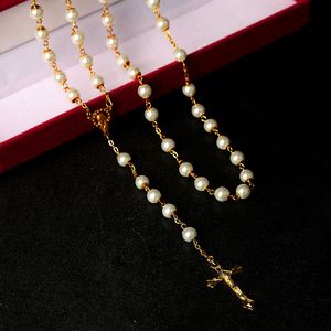 Rosario Clásico de Cuentas de Vidrio Blanco con Collares de Cuentas Chapados en Oro para Regalo Católico - Product Image 5