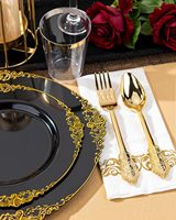350 pièces de vaisselle en plastique noir pour 50 invités, 150 couverts dorés et argentés, 50 gobelets et serviettes, design moderne, sans BPA, pour la rentrée scolaire