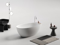 Baignoire autoportante en pierre artificielle, finition mate, avec étagère latérale, baignoire ovale de luxe pour la maison, l'hôtel, la villa, la salle de bain