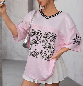 Dames Oversized Half Mouw Drop Shoulder V-Hals Jersey Shirts Grafisch Mesh Losse Pasvorm Amerikaanse Voetbalkleding Tops - Product Image 4