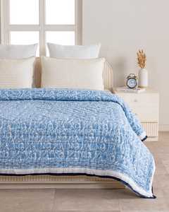Indian Hand Block Print Blue Cotton <b>Quilt</b> Floral Bedspread Queen Comforter Reversible Lightweight Blanket - Product Image 4