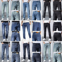 Fabricants de jeans de mode en Chine, vente en gros de jeans pour hommes en coton, polyester et élasthanne, denim bleu moyen classique, coupe ample et droite