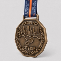 Médaille de marathon personnalisée en alliage de zinc plaqué antique, dos lisse, ruban imprimé par transfert thermique, pour courses de marathon.