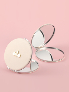 Miroir compact rond à fermeture à pression en cuir PU blanc, cadre en métal argenté, breloque libellule, double face en verre, pour maquillage de poche - Product Image 2