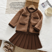 Tweed Fleece Patchwork Zweiteiler Herbst Winter Mädchen Kinder Strickjacke Rock Outfit