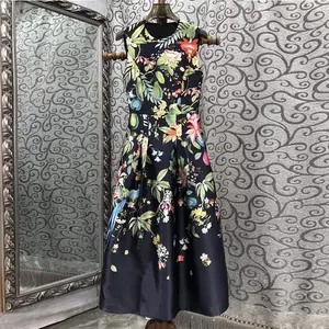 Nuevo vestido de verano de moda 2024 de alta calidad para mujer con estampados tropicales sin mangas hasta la mitad de la pantorrilla vestido negro de fiesta informal Vestidos