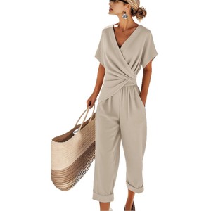 Women's Solid Color Short Sleeve Cover Up Cropped Pants V Neck <b>Wrap</b> Jumpsuit For <b>Beach</b> Vacation Europe America Style - Product Image 5
