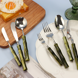 304 thép không gỉ Acrylic Pearlescent tre màu xanh lá cây Phong Cách Xử Lý thiết lập dao kéo dao nĩa Muỗng Bạc cho đám cưới - Product Image 4