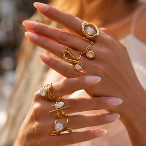 Women's 18K Gold <b>Plate</b> Stainless Steel <b>Rings</b> Modern Minimalist Lines Double-layer Hollow Geometric Large Zircon Open Gift - Product Image 1