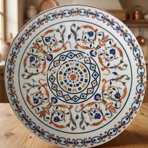 Plateau de table en marbre gravé personnalisé unique avec motif floral, art en pierre artisanal de style Mugal, décoration élégante pour la maison - Product Image 2