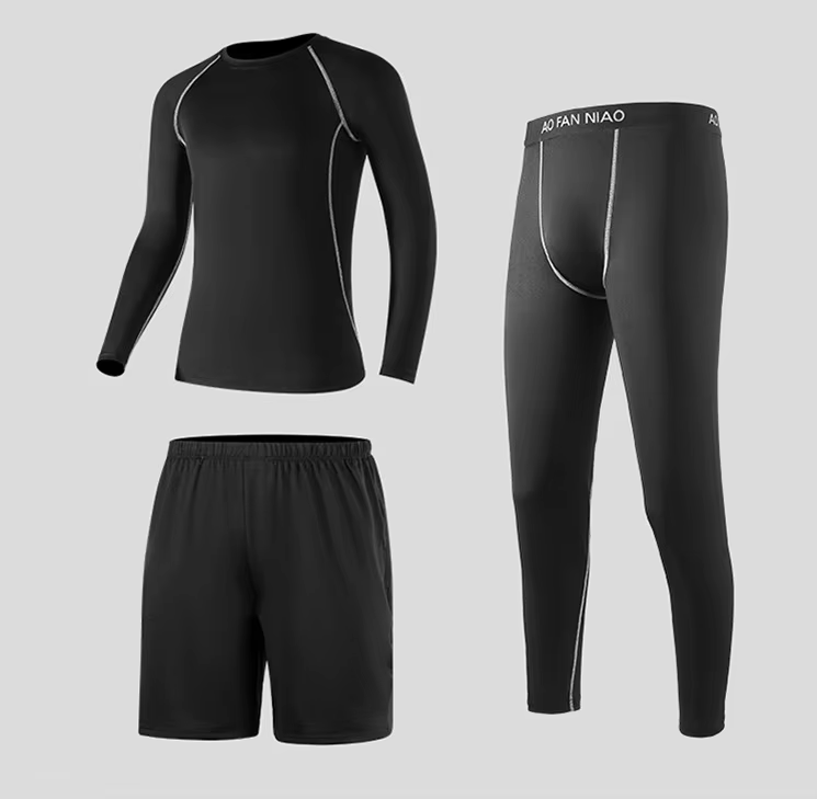 Men's Solid Spring Fitness Training Sports Running Three-piece Yoga Tight Long-sleeved Breathable Quick-drying Sweat Suit