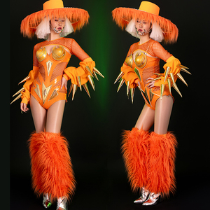 Costumes de performance sexy personnalisés pour femme, combinaison Gogo avec grand chapeau, pour ambiance de bar, spectacle de fête et personnage de spectacle - Product Image 3