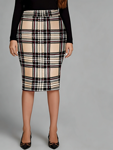 Falda Maxi Ajustada de Poliéster con Estampado a Cuadros Vintage de Talla Grande - Falda Lápiz Elástica para Primavera - Product Image 6