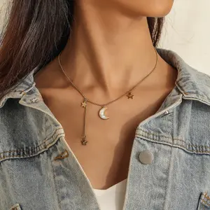 Collier en acier inoxydable avec étoile à cinq branches et <span class=keywords><strong>lune</strong></span> incrustées de nacre de <span class=keywords><strong>mer</strong></span> profonde, chaîne de clavicule simple et tendance en acier titane - Product Image 1