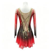 Robe de patinage artistique à manches longues dégradé rouge et noir, dos ouvert en maille avec strass dorés, pour filles et femmes, compétition
