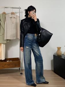 Yuanbofei High-Waist <strong>Women's</strong> Solid Cotton Ripped Asymmetric Jeans Casual Straight-leg Breathable Denim Patchwork Trousers - Product Image 2