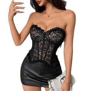 Korset Y2K Motif Macan Tutul Hitam Seksi Wanita Model Off Shoulder dengan Renda di Bagian Depan dan Pita, Korset Fishbone Slim Fit untuk Pesta dan Klub - Product Image 6