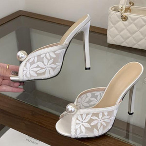 Flower Lace Upper Women on Sandals Dress Wedding Pearl Stiletto Party Shoes Thin High Heels Peep Toe Mules <b>Slides</b> - Product Image 4