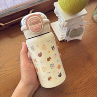 Bouteille d'eau isotherme 500 ml avec motif chiot mignon, couvercle 2-en-1, gourde en acier inoxydable avec paille et poignée de transport, idéale comme cadeau pour enfants