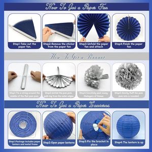 Décorations de fête bleues et argentées, ensemble de lanternes en papier suspendues, éventails, pompons, guirlandes bleues, décorations d'<span class=keywords><strong>anniversaire</strong></span> pour hommes et garçons - Product Image 6