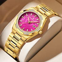 Montre à quartz MONTAGUT tendance en acier inoxydable, simple, étanche, avec calendrier, lumineuse, design diamant doré, cadran rose pour femme