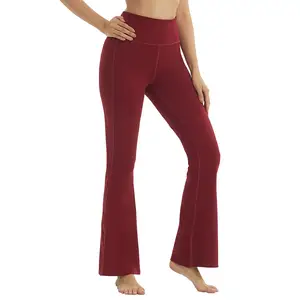 mujer alta pierna recta pantalones de yoga Suppliers-LANBAOSI-pantalones de Yoga Bootcut para mujer, mallas acampanadas de cintura alta con Control de barriga con bolsillos, pantalones de entrenamiento de pierna ancha