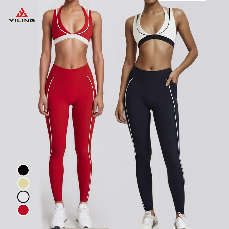 Yiling Factory Direct Womens Yoga Bra Color Block V Neck Padded Tank Top High-Stretch Hip Lifting Quick Dry Workout Set