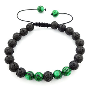 Bracelet ajustable en pierres naturelles, perles de lave, couleur malachite, cordon tressé, unisexe, cadeau, bijoux - Product Image 1