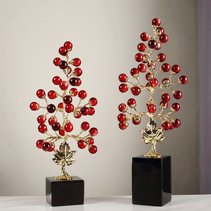 <b>Crystal</b> <b>Tree</b> Ornament Red Beads Gold Branches Black Base Home Decoration - Product Image 1