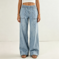 Celana Jeans Wanita Model Baggy Wide Leg Denim Pinggang Rendah Elastis Lembut Kasual Gaya Sehari-hari