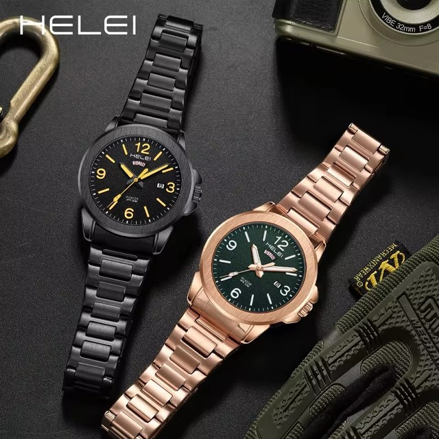 Helei H9004B-G 9004 Daily Life Waterproof Mens Watches Stainless Steel Luminous Hands Pointer Calendar Date Display Gift for Men