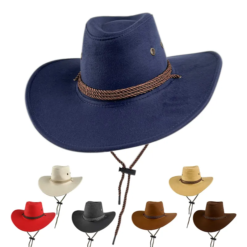 New Suede Wide Brim Cowboy Hat Men Women British Jazz Ethnic Style Panama Hat Wholesale Warped Edge Fadora Hats With String