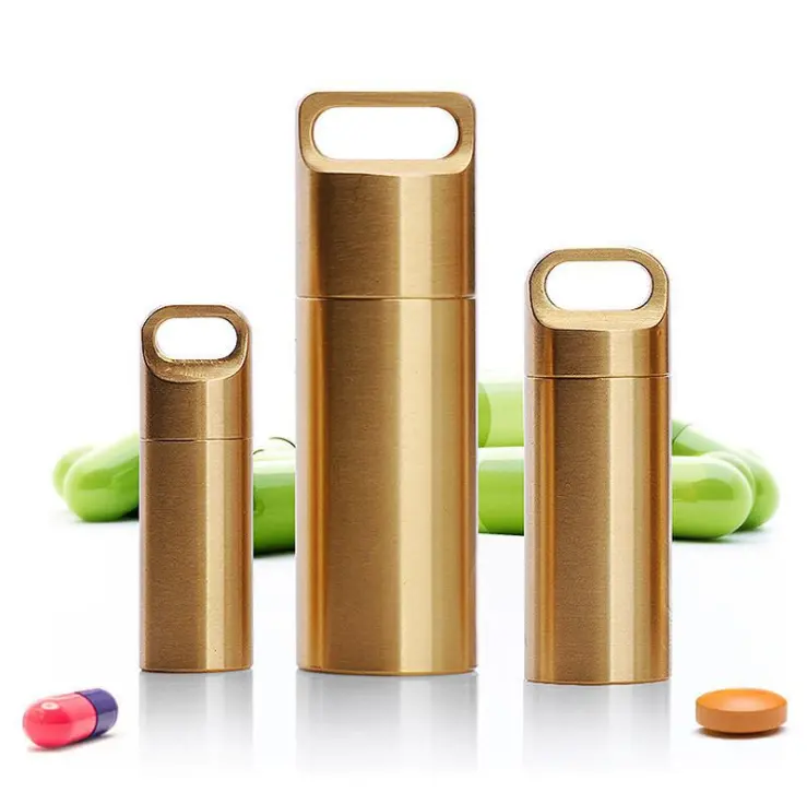 EDC Aluminum Pill Box Storage Container Brass Portable Pill Medicine Case for Outdoor Travel